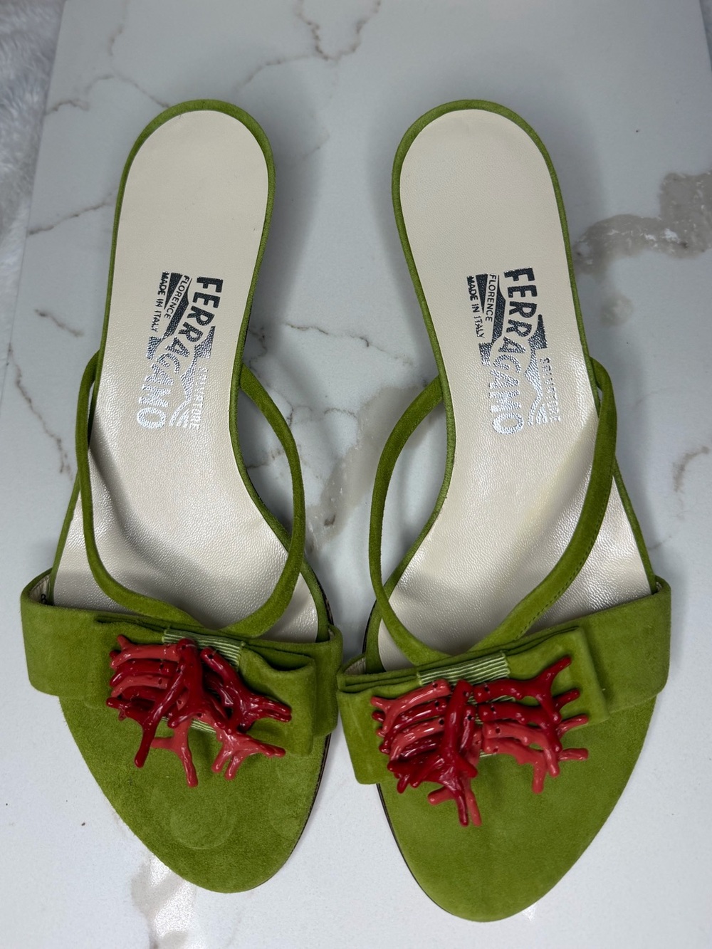 Salvatore Ferragamo Olive Green Suede Slide Mules with Red Coral Accent